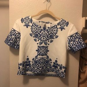 Blue and white printed top